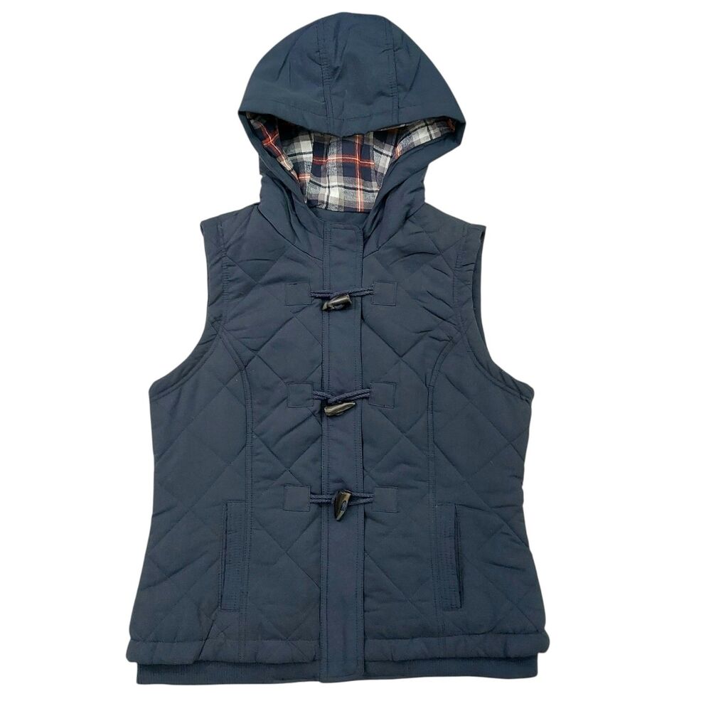 BGSD Vest Womens Medium Navy Quilted Hooded Full Zip Flannel Lined Outdoor